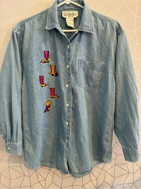 Western denim shirt embroidered  cowboy boots cotton SZ SM made in HK VTG